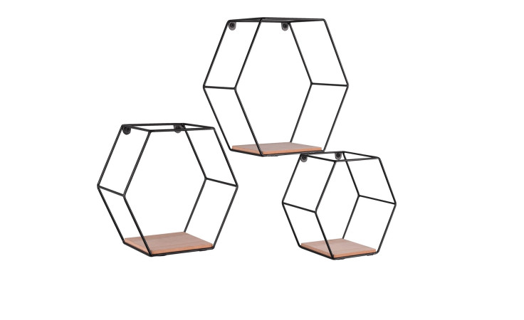 Wandregal 3er-Set in Schwarz Metall mit Ablageböden aus Holz. Schräge Seitenansicht