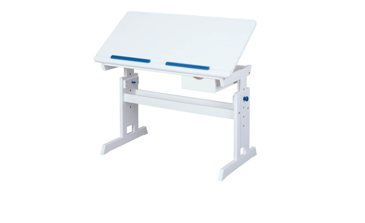 Schreibtisch Bill in der Farbe weiß mit farbigen Applikationen