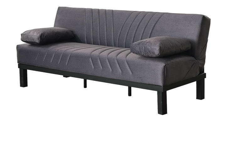 Schlafsofa Ruben: Graues, modernes Sofa mit 2 großen Kissen, schwarzem Metallgestell, B 190 x T 84 cm.