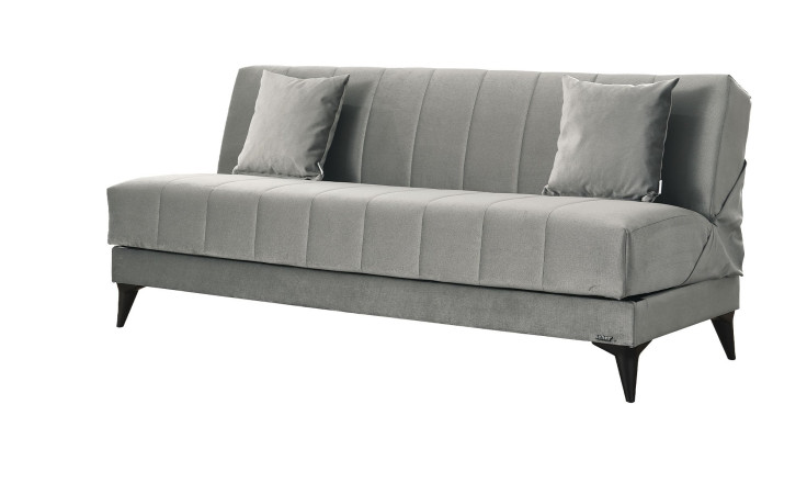 Das Schlafsofa „Arlo“ in Grau mit zwei passenden Kissen, schwarzen Beinen und elegantem Design, abgebildet vor weißem Hintergrund.