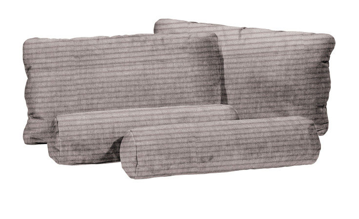 Das Kissen-Set LIV'IN Omaha besteht aus vier grauen, gestreiften Kissen und Nackenrollen in verschiedenen Formen auf weißem Grund.