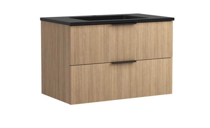 Waschtisch-Set viro Menzo in der Farbausführung Tira Eiche hell und Mattschwarzen Mineralgussbecken mit 2 Auszügen