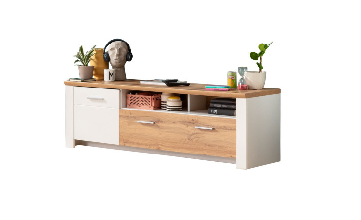 TV-Lowboard LIV'IN Matera in weiß und Eiche Altholz-Dekor, 1 Tür, 1 Schubkasten und 2 Fächer