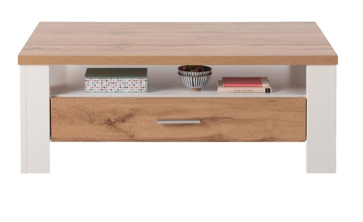 Couchtisch LIV'IN Matera in weiß und Eiche Altholz-Dekor, mit 1 Schubkasten und 2 offenen Fächer
