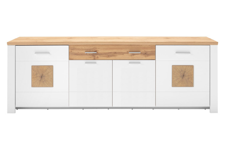 TV-Lowboard LIV'IN Matera in der Farbe Weiß Supermatt mit Absetzungen in Eiche Altholz-Nachbildung / Hirnholz Nachbildung