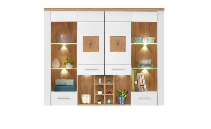 Buffet-Aufsatz LIVIN Matera in der Farbe Weiß Supermatt mit Absetzungen in Eiche Altholz Nachbildung / Hirnholz Nachbildung