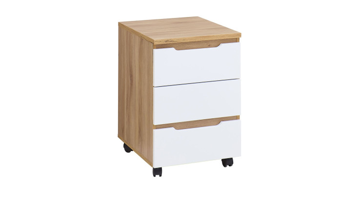 Rollcontainer vito Clyde mit holzfarbenem Korpus und drei weißen Schubkastenfronten schräg von vorne.