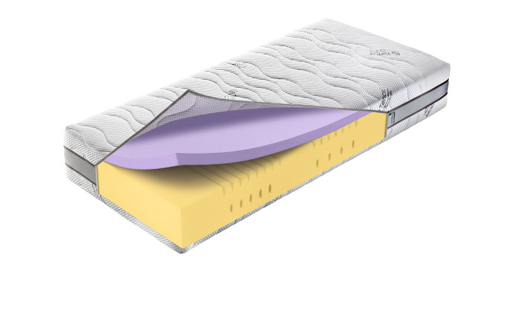 Die Vito-Matratze „vito SENSIO STAR GEL 2.0“ verfügt über einen Tencel-Bezug, eine violette Schaumstoffschicht und einen dicken gelben Kaltschaum-Kern.