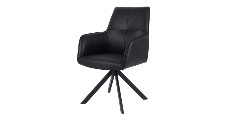 Moderner schwarzer Stuhl mit Lederbezug und schwarzem 4-Fuß-Gestell.