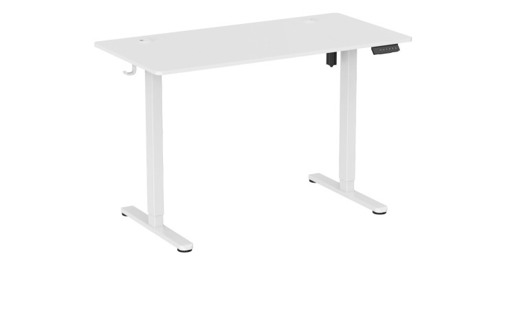 Weißes, elektrisch höhenverstellbares Stehpult Hayley (120 × 60 cm) mit digitalem Bedienfeld.