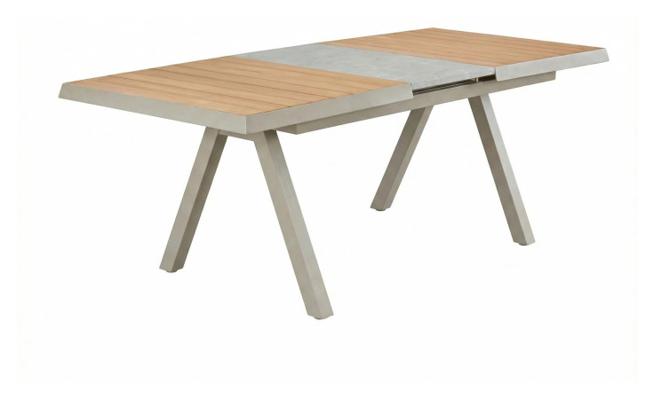 LC Garden Ausziehbarer Gartentisch „Kumivia“: modernes Design, Aluminiumgestell, Endstücke in Holzoptik, Mittelteil aus Metall.