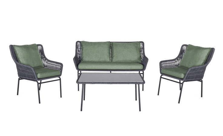 Lounge-Set Haiti mit dunkelgrauem Rope, moos-grünen Auflagen, Gestell aus Aluminium in Anthrazit und Tischplatte aus Glas in Beton-Optik