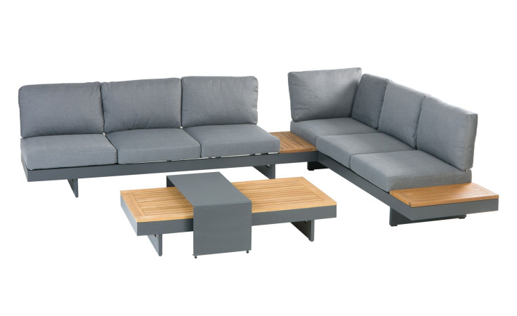 Lounge-Set Accra mit Tischplatten aus Akazienholz, Gestell in Anthrazit aus Aluminium und dunkelgrauen Polsterauflagen