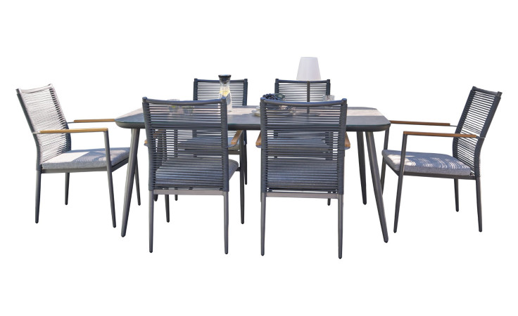 Dining-Set Genua mit dunkelgrauem Rope, Tischplatte aus bedrucktem Glas und Gestell aus Aluminium in Anthrazit