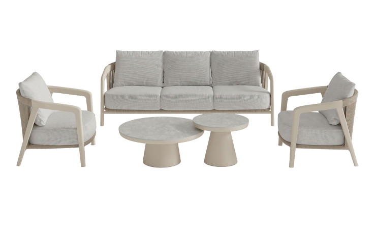 Outdoor-Gartenlounge-Set „Life“: 5-teiliges Aluminium-Set mit Sofa, Stühlen und Couchtischen aus Sinterstein.