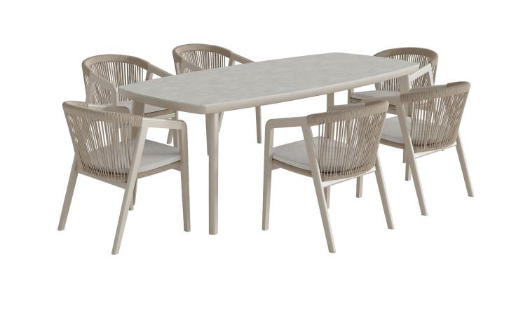 Garten-Sitzgruppe „Life“ von Outdoor: beige, Aluminiumgestell, Tischplatte aus Sinterstone, 6 gepolsterte Stühle mit geflochtener Rückenlehne.