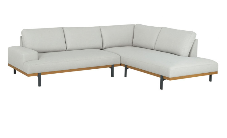 Gartenlounge-Set „Divano“ für den Außenbereich: hellgraues L-förmiges Sofa mit Holzuntergestell und schwarzen Metallbeinen vor weißem Hintergrund.