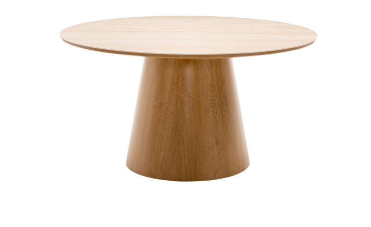 Gartentisch „Alfredo“ für den Außenbereich: runder Holztisch mit breitem Sockel, modernes Design, vor weißem Hintergrund.