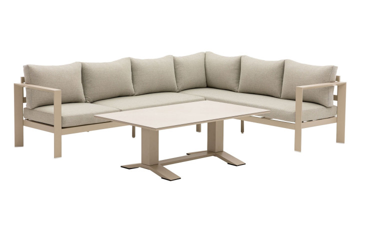 Gartenlounge-Set „Bondino“ für den Außenbereich: Ecksofa mit hellgrauen Kissen und passendem rechteckigem Couchtisch.