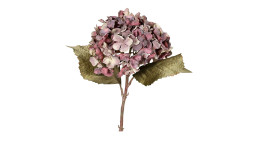 Hortensie 45 cm aus Kunststoff mit grünen Stiel und Blätter und lila Blüten.
