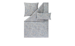 Estella Mako-Satin-Bettwäsche Diana 135 x 200 cm in blau-grauem Paisley, von oben gesehen mit Bettdecke und Kissenbezug.