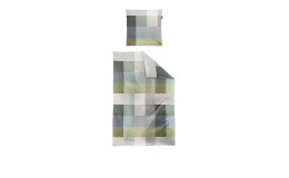 Mako-Satin-Bettwäsche Wave 155x220 cm mit grün-blau-grau-weißem Karomuster für Einzelbetten.