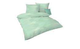 Hellgrüne und weiße Satin-Bettwäsche Ikat 155 x 220 cm mit Kissen und Bettdecke auf weißem Hintergrund.