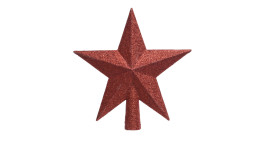 Die Baumspitze Stern 19 cm ist ein fünfzackiger roter Glitzerstern mit zylindrischem Fuß für die festliche Dekoration.