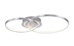 LED-Deckenleuchte Asmina 69 cm: Moderne Deckenleuchte mit zwei silbernen Ringen und weichem weißen Licht aus einem runden Sockel.