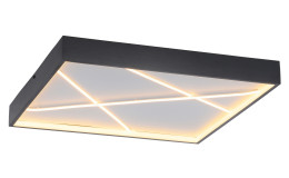 Die LED-Deckenleuchte Mikado 50 cm in Schwarz zeigt beleuchtete diagonale Linien auf einer weißen Kunststoffoberfläche.