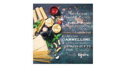 Glasbild Kochkreation 50 x 50 cm, Nudeln, Tomatensoße, Basilikum mit einem Text