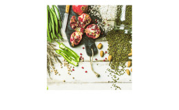 Glasbild Cook Me 50 x 50 cm, verschiedene Früche und Gemüsesorten