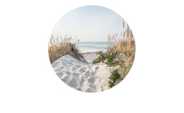 Glasbild Sunrise mit 30 cm Durchmesser. Glasbild mit dem Thema - Sonnenaufgang am Strand.