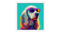 Pro-Art Rahmenbild Hund mit Sonnenbrille 33 x 33cm: Bunter Hund mit lila Sonnenbrille vor einem blaugrünen Hintergrund.