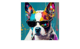 Pro-Art Glasbild Hund mit Sonnenbrille 50 x 50 cm zeigt einen farbenfrohen Hund mit schwarzer Brille auf blaugrünem Hintergrund.