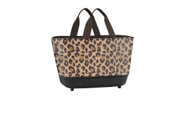 Reisenthel Einkaufskorb Shoppingbasket: Leopardendruck, recyceltes Polyester, schwarzer Boden & Griffe, kleine Standfüße.