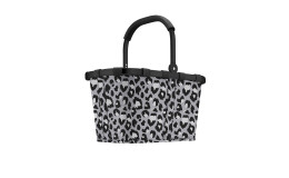 Reisenthel Einkaufskorb Carrybag mit schwarzem Griff, Leo Nero Druck, aus recyceltem Polyester, auf weißem Grund.