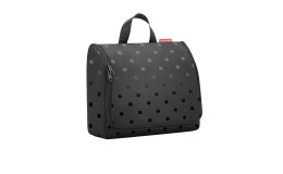 Die Reisenthel Kulturtasche Toiletbag XL ist eine schwarze Kulturtasche mit Griff, Reißverschluss und glänzenden Punkten auf recyceltem Polyester.