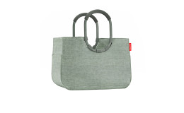 Die Reisenthel Einkaufstasche Loopshopper L ist eine hellgraue Tasche mit Aluminiumgriff und kleinem roten Seitenanhänger.