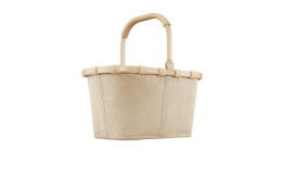 Der Reisenthel Einkaufskorb Carrybag in Cord Sand ist ein beiger Korb mit geschwungenem Henkel, der aus recyceltem Polyester hergestellt wird.