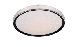 Die Reality LED-Deckenleuchte Varda 39 cm hat einen schwarzen Rand und leuchtende Sternenmuster auf ihrer weißen Oberfläche.