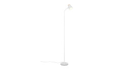Minimalistische Reality LED-Stehleuchte Pongo 145 cm mit rundem Sockel, abgewinkelte Kunststofflampe, auf weißem Hintergrund.