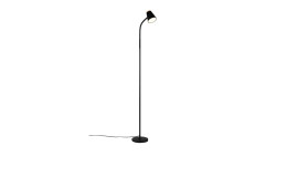 Die Reality LED-Stehleuchte Pongo 145 cm ist eine schlanke schwarze Stehleuchte mit Kunststoffsockel und gebogenem Hals, Kabel sichtbar.