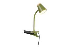 Reality LED-Klemmleuchte Pongo 33 cm, teilmontiert, flexibler Hals, mit Leuchtmittel auf schwarzer Fläche leuchtend.