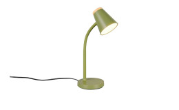 Die Reality LED-Tischleuchte Pongo 36 cm hat einen gebogenen Hals, einen Kunststoffschirm und eine schwarze Schnur auf einem runden Sockel.