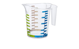 Messbecher Domino 1 l aus transparentem Kunststoff mit grün und blauer Beschriftung.