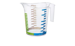 Messbecher Domino 2 l aus transparentem Kunststoff mit gün und blauer Beschriftung.