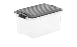Stapelbox Compact A5 4,5 l aus transparentem Kunststoff mit schwarzem Deckel.