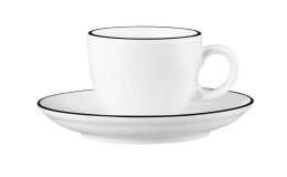 Espressotasse Modern Life 90 ml aus weißem Porzellan mit schwarzem Rand.