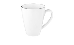 Henkelbecher Lido 350 ml aus weißem Porzellan mit schwarzen Akzenten.